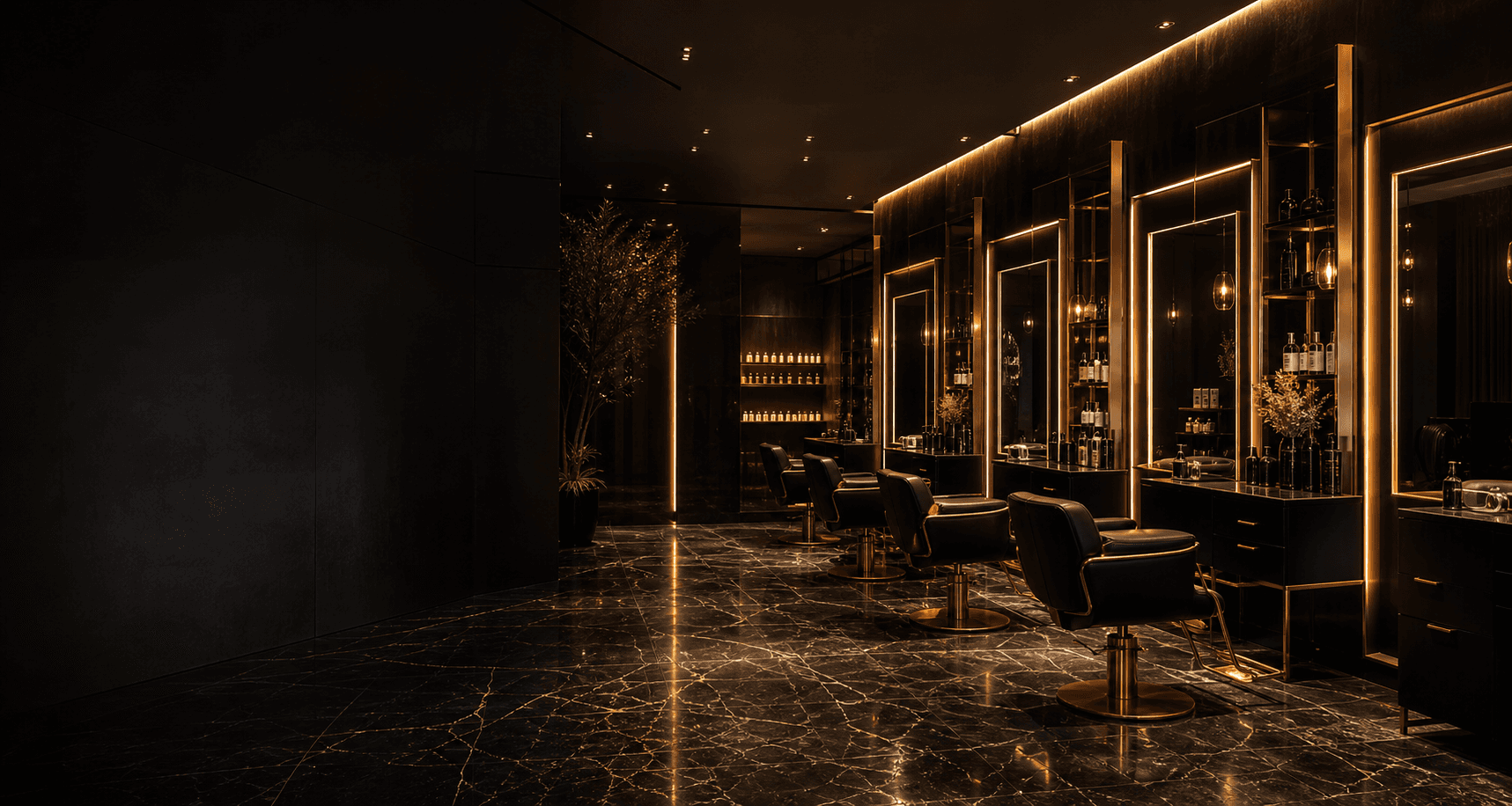 STYLEHVN luxury black and gold salon interior in Yelahanka